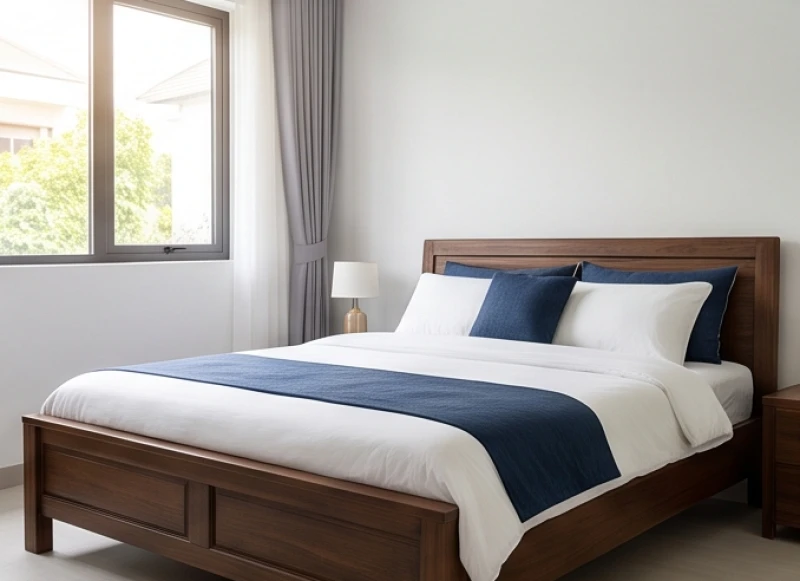 Giường ngủ thiết kế tinh tế với chăn ga màu xanh dương mang lại cảm giác bình yên dễ ngủ