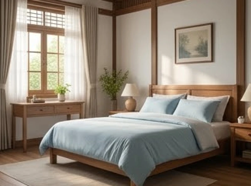 Phòng ngủ được bày trí với gam màu xanh nước biển và hướng giường chuẩn phong thủy giúp cải thiện giấc ngủ