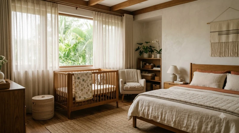 Không gian phòng ngủ yên bình với nôi cũi được bố trí chuẩn phong thủy giúp gia đạo an vui