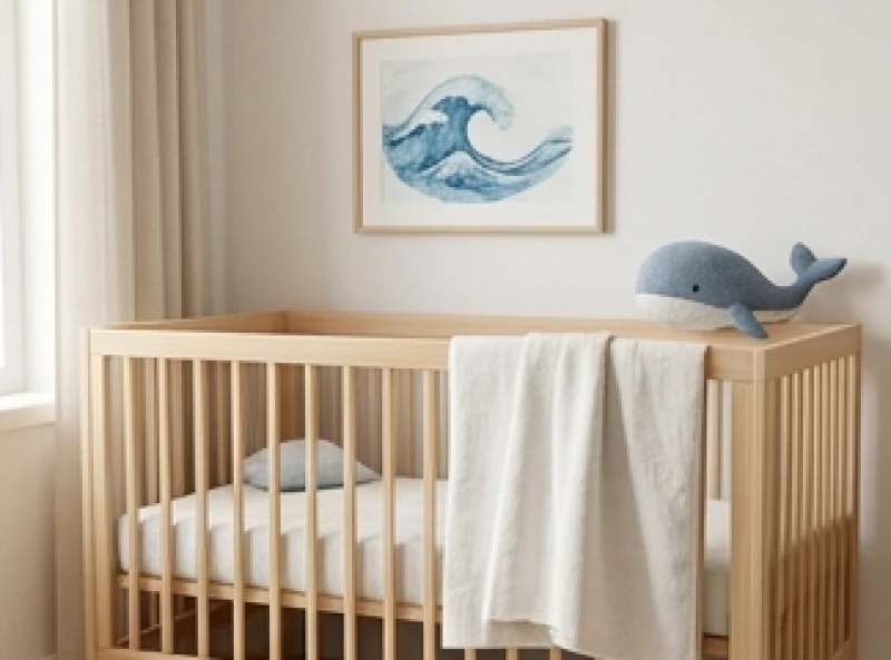 Góc phòng ngủ em bé với chiếc nôi nhỏ và các vật phẩm trang trí mang màu xanh dương tinh tế