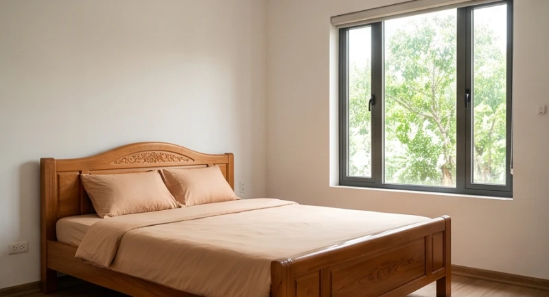 Không gian phòng ngủ thông thoáng ngập tràn ánh sáng tự nhiên với nội thất gỗ ấm cúng