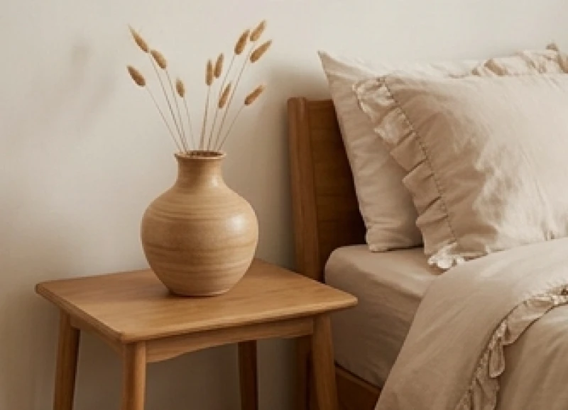 Tuổi Sửu hợp sinh con tuổi gì: Ma trận phối tuổi & hóa giải 11 Chiếc bình gốm sứ thủ công màu nâu nhạt đặt tinh tế trên chiếc tủ gỗ nhỏ cạnh giường ngủ