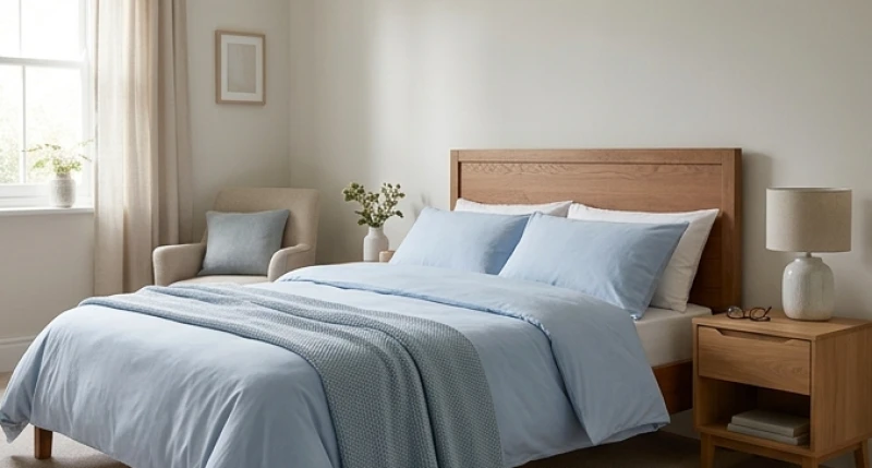 Giường ngủ được kê tựa sát vào bức tường vững chãi với bộ chăn ga mang sắc màu xanh dương nhạt