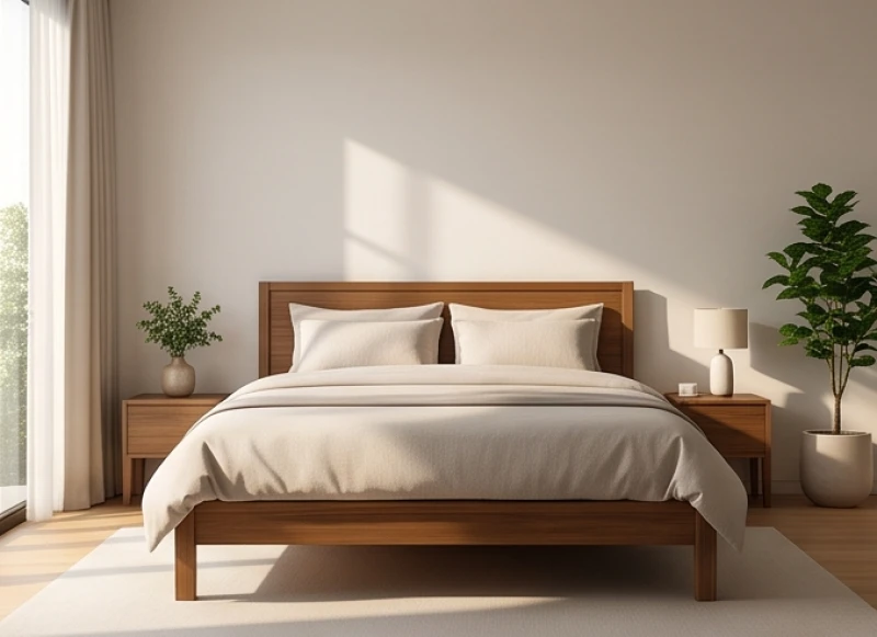 Thiết kế phòng ngủ hài hòa âm dương với giường gỗ kê sát tường đón ánh sáng tự nhiên