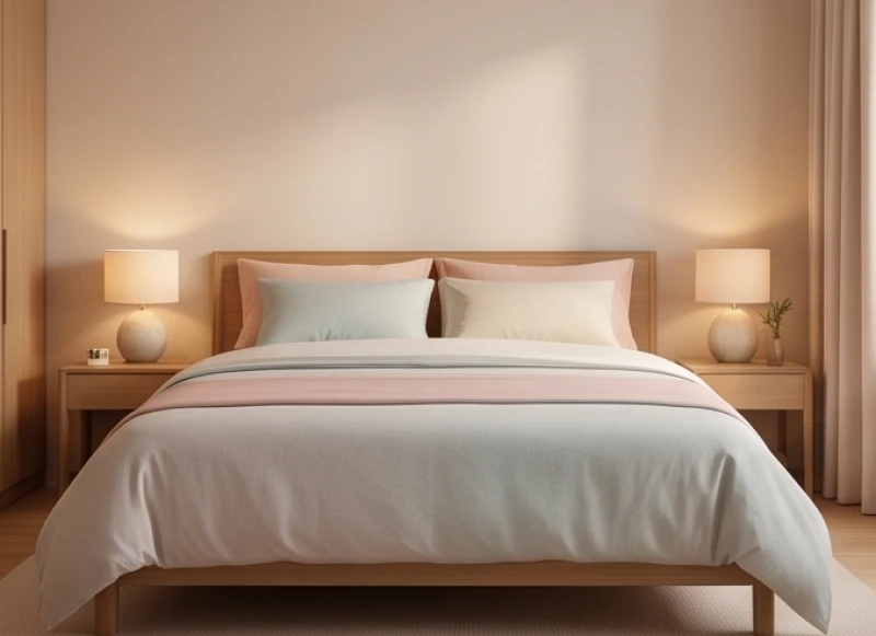 Sự kết hợp chăn ga màu sắc trang nhã giúp dung hòa năng lượng cho vợ chồng khác mệnh