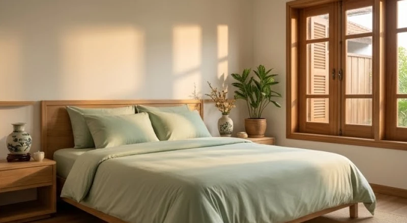 Tuổi Hợi hợp kết hôn với tuổi nào: Chọn bạn đời tránh phạm kỵ 13 Không gian phòng ngủ sử dụng chăn ga tông màu xanh lá nhạt dịu mắt, giúp luân chuyển năng lượng tốt lành