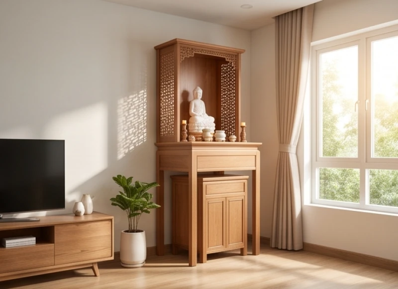 Văn khấn Phật tại nhà: Trọn bộ bài cúng chuẩn và quy tắc dâng lễ 3 Không gian thờ Phật tràn ngập ánh sáng tự nhiên, cách biệt với các khu vực sinh hoạt ồn ào