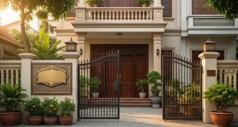 Cổng nhà khang trang với biển số nhà hợp mệnh gia chủ tuổi Mùi được treo trang trọng dưới ánh nắng mai