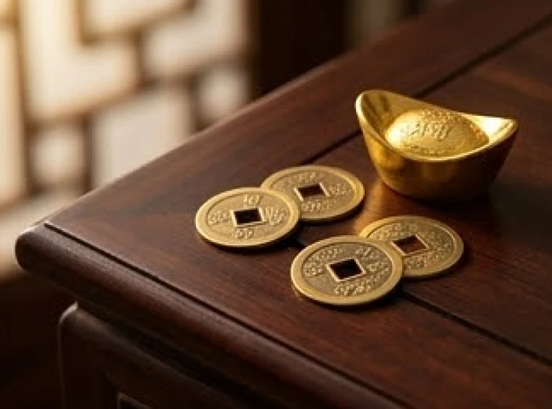 Thỏi vàng đồng và đồng xu phong thủy đặt trên mặt bàn gỗ mang ý nghĩa giữ gìn tài lộc khi gặp sao Thái Bạch
