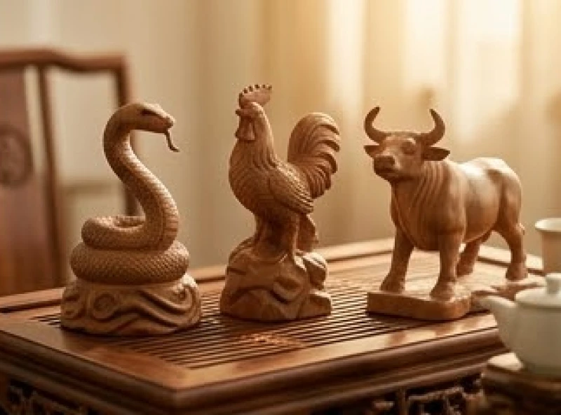Tượng gỗ phong thủy minh họa ba con giáp Tỵ Dậu Sửu mang lại sự gắn kết năng lượng tích cực cho gia đình