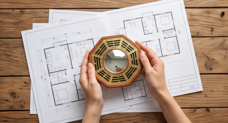 Gia chủ dùng gương bát quái và bản vẽ nhà để định vị cung phi chuẩn xác theo nguyên tắc Tây Tứ Mệnh