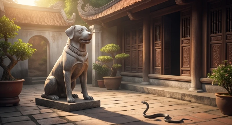 Tượng chó đá phong thủy trấn trạch uy nghi uyển chuyển hóa giải nguồn năng lượng âm từ loài bò sát