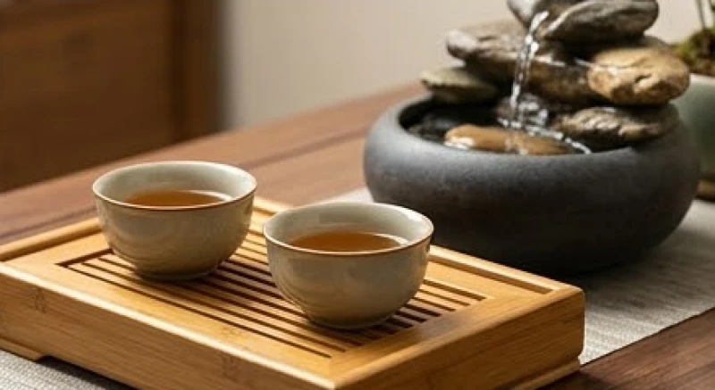 Cặp đôi tách trà gốm sứ đặt cạnh dòng nước nhỏ thể hiện sự nhu hòa trong tình duyên Thạch Lựu Mộc