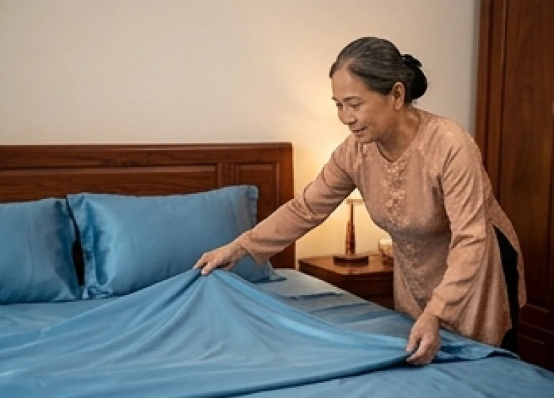 Người phụ nữ lớn tuổi phúc hậu đang vuốt phẳng tấm ga trải giường lụa màu xanh dương