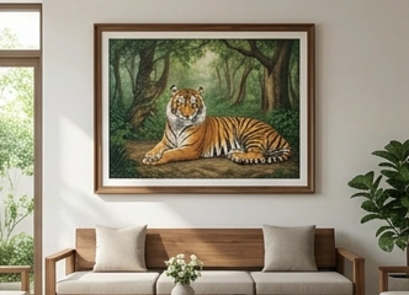 Bức tranh treo hình con hổ hợp tuổi Dần với bối cảnh rừng núi uy nghi trong phòng khách hiện đại