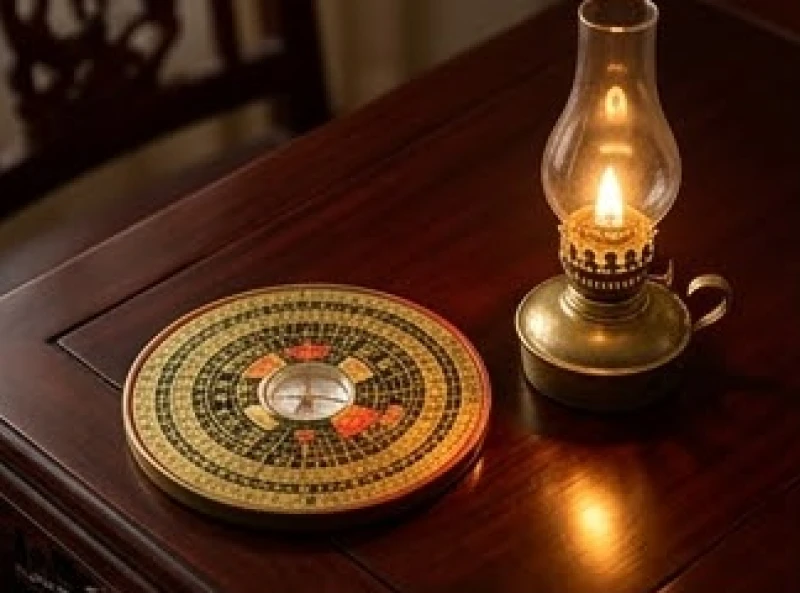 La bàn phong thủy và ngọn đèn dầu đại diện cho mệnh Phú Đăng Hỏa của người tuổi Ất Tỵ