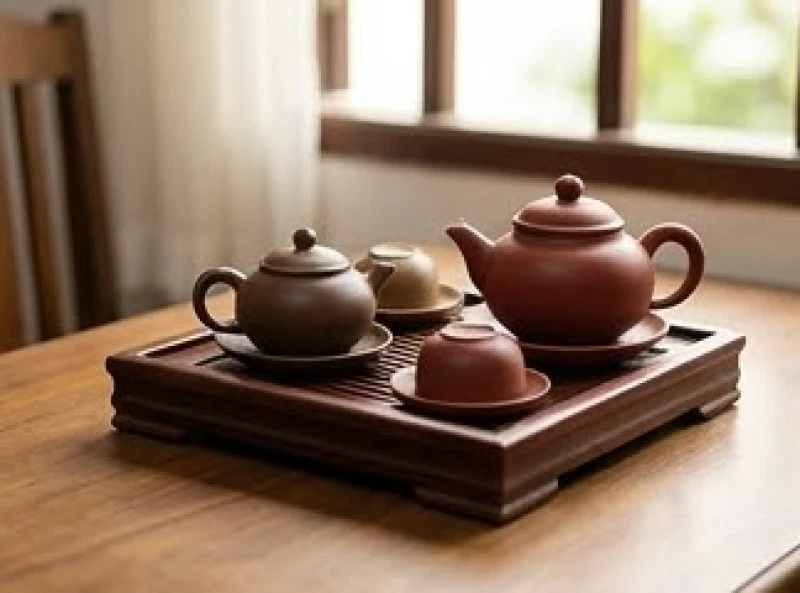 Bộ ấm chén uống trà màu nâu đất và đỏ rực rỡ phù hợp với ngũ hành Ốc Thượng Thổ của gia chủ Bính Tuất 1946