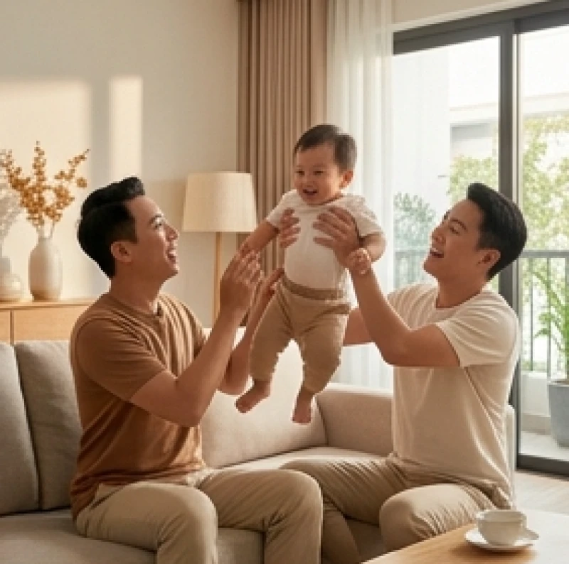 Cha mẹ đang vui đùa cùng bé gái nhỏ trong phòng khách ngập tràn ánh sáng