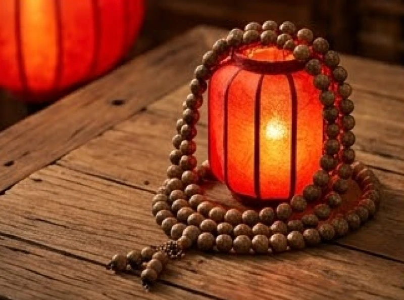 Hạt trầm hương và ngọn đèn lồng đỏ tượng trưng cho vượng khí của tuổi Giáp Tuất mang mệnh Hỏa