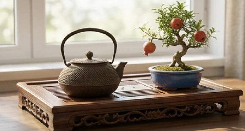 Tuổi Dậu khắc tuổi nào: Bảng tra mức độ kỵ và cách hóa giải 2 Khay trà gỗ chạm khắc tinh xảo kết hợp cùng chậu cây bonsai nhỏ đại diện cho Thạch Lựu Mộc