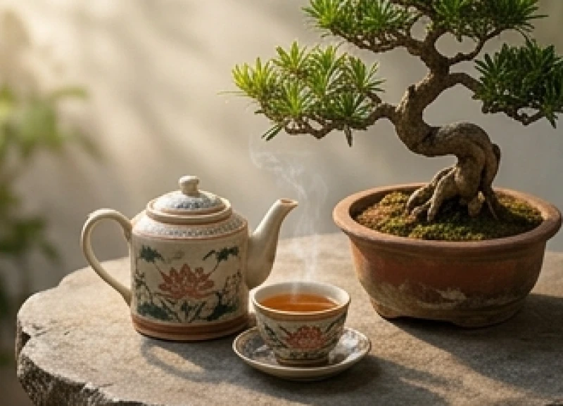 Ấm trà sen bốc khói nhẹ bên cạnh chậu bonsai tùng la hán cổ thụ