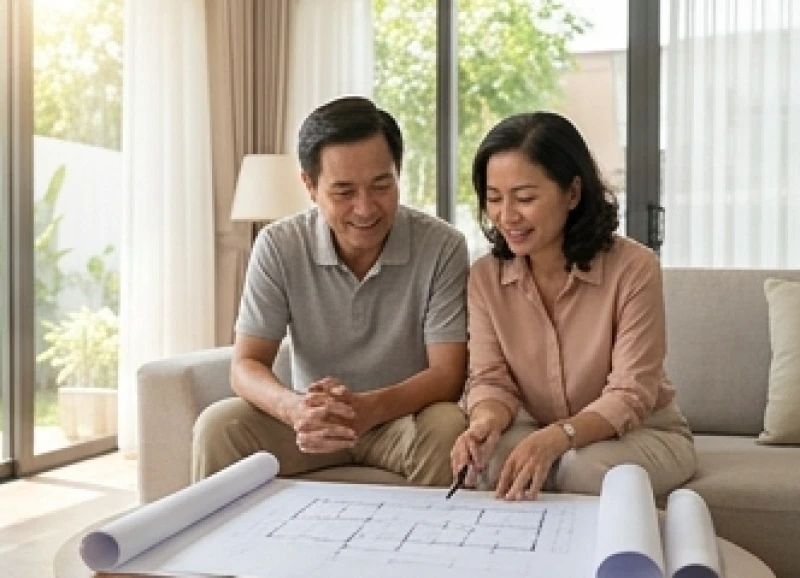 Cặp vợ chồng trung niên đang cùng nhau mỉm cười xem bản vẽ thiết kế kiến trúc ngôi nhà mới