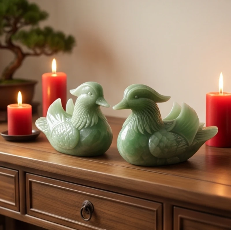 Đôi chim uyên ương bằng ngọc và nến đỏ trang trí biểu tượng cho hạnh phúc viên mãn
