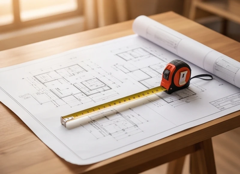 Bản vẽ thiết kế nhà cửa và thước lỗ ban phong thủy được trải gọn gàng trên bàn làm việc