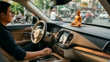 Nội thất sang trọng với tượng Phật bằng gỗ trên taplo chuẩn phong thủy xe hơi cho người tuổi tuất