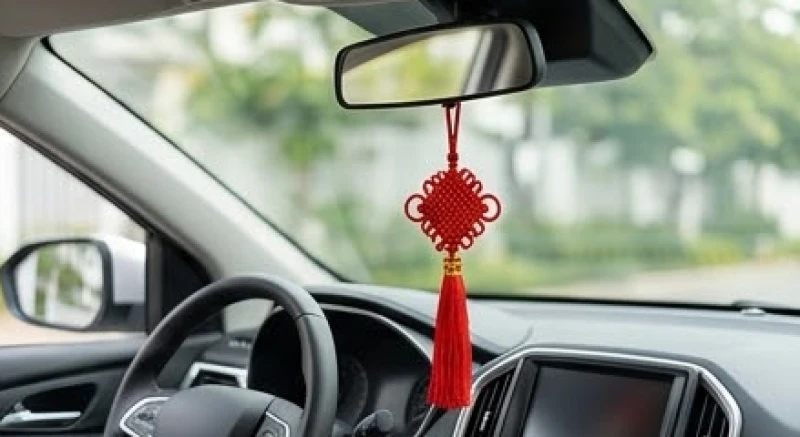 Bùa bình an và dây khánh đỏ treo trên xe ô tô mới để cầu mong sự an toàn