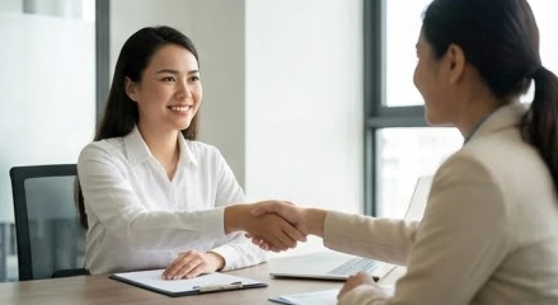 Mơ thấy đi xin việc: Giải mã điềm báo & hướng xử lý thực tế 4 Một ứng viên mỉm cười tự tin khi được nhà tuyển dụng bắt tay chúc mừng trong buổi phỏng vấn