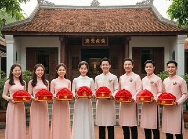 Tuổi Dần cưới ngày nào tốt: cách chọn tháng đại lợi và hóa giải 11 Dàn đội hình bê tráp tươi tắn trong trang phục áo dài đồng bộ đứng xếp hàng trước cổng nhà