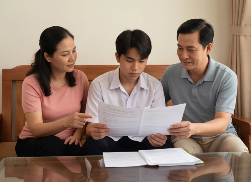 Bố mẹ đang cùng con trai kiểm tra lại hồ sơ đăng ký dự thi đại học trên bàn phòng khách
