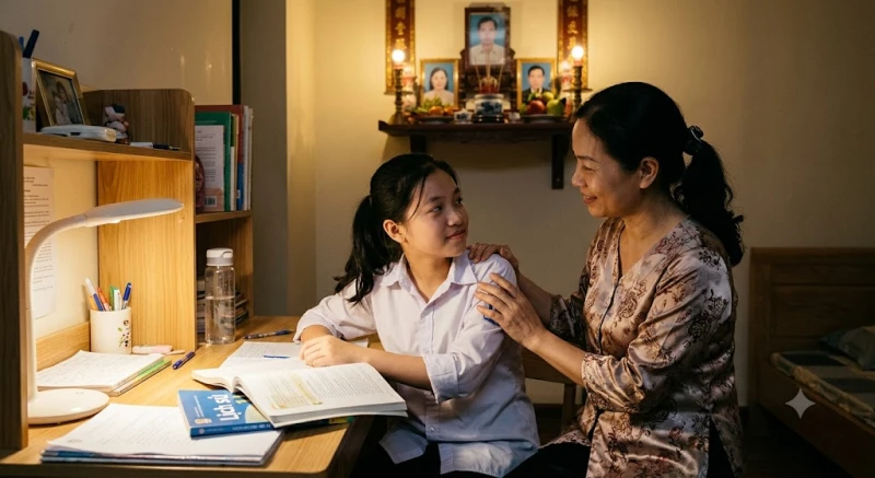 Văn khấn cầu thi cử: Trọn bộ lễ vật và bài khấn đúng nghi thức 12 Mẹ nhẹ nhàng ôm vai động viên con gái trước ngày thi quan trọng