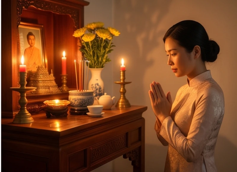 Văn khấn cầu thi cử: Trọn bộ lễ vật và bài khấn đúng nghi thức 3 Người mẹ thành tâm chắp tay đọc bài văn khấn trước bàn thờ gia tiên