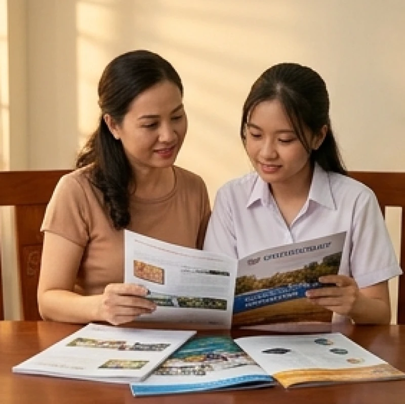 Tử vi tuổi Kỷ Sửu 2009 năm 2027: Hạn học đường và cách hóa giải 5 Người mẹ đang ân cần ngồi cạnh trò chuyện và xem hồ sơ tuyển sinh cùng con gái