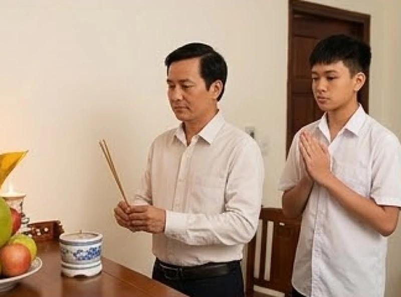 Văn khấn cầu thi đỗ tại nhà: Bài cúng gia tiên và cách làm lễ 7 Người lớn tuổi làm đại diện thắp hương trong khi sĩ tử đứng chắp tay thành kính phía sau