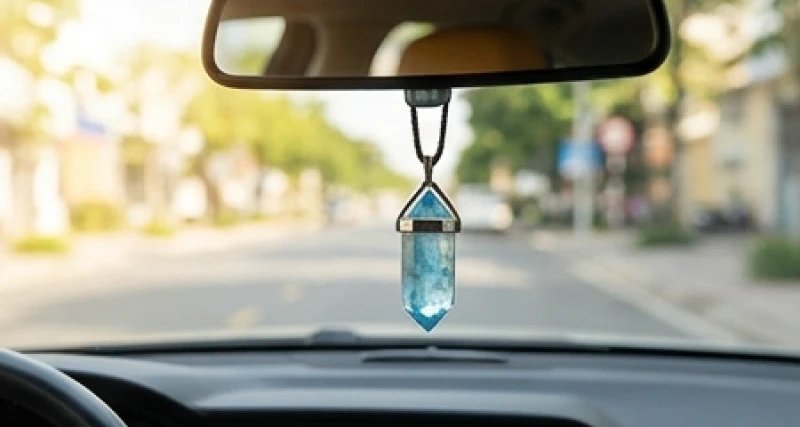 Chuỗi hạt đá phong thủy xanh dương treo trên gương chiếu hậu bên trong ô tô