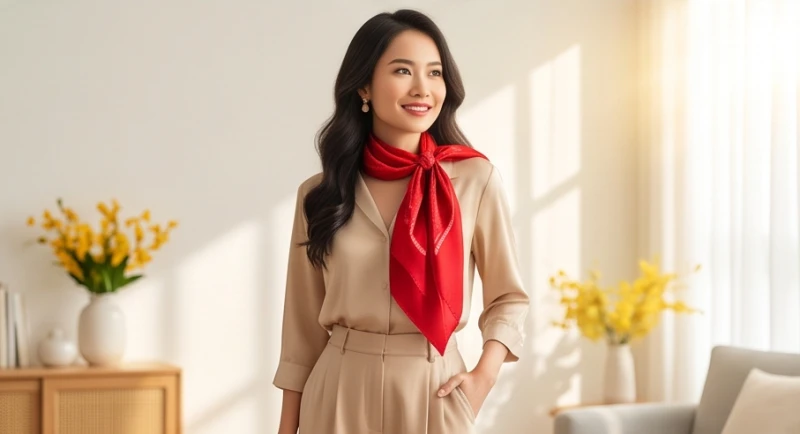 Tình duyên tuổi Mùi năm 2026: Chi tiết từng tuổi và lịch cưới 7 Người phụ nữ diện trang phục thanh lịch với chiếc khăn lụa màu đỏ nổi bật làm điểm nhấn