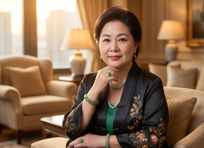 Người phụ nữ trung niên sở hữu tướng hai cằm đang mỉm cười rạng rỡ toát lên vẻ đẹp quý phái