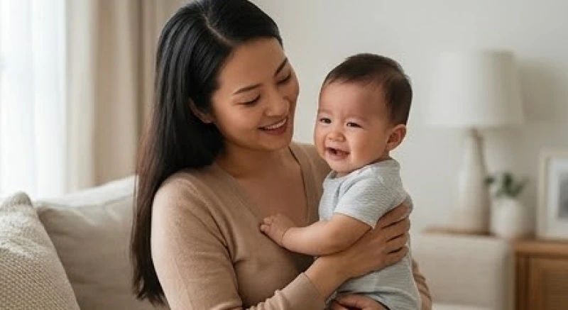 Người phụ nữ hạnh phúc ôm em bé trai vào lòng thể hiện sự gắn kết gia đình và điềm báo khởi sắc
