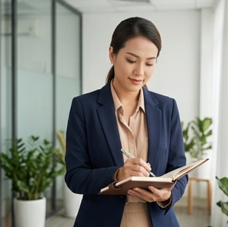 Nữ doanh nhân trẻ đang tự tin ghi chép sổ sách quản lý tài chính