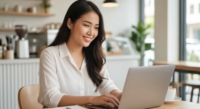 Người phụ nữ trẻ mỉm cười tự tin bên bàn làm việc với các dự án mới đang phát triển
