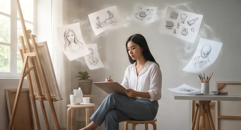 Mơ thấy mình có bầu đi đẻ: Điềm báo tâm lý & bộ số tài lộc 4 Cô gái trẻ ngồi một mình giữa không gian ngập tràn ánh sáng với nhiều bản thảo ý tưởng
