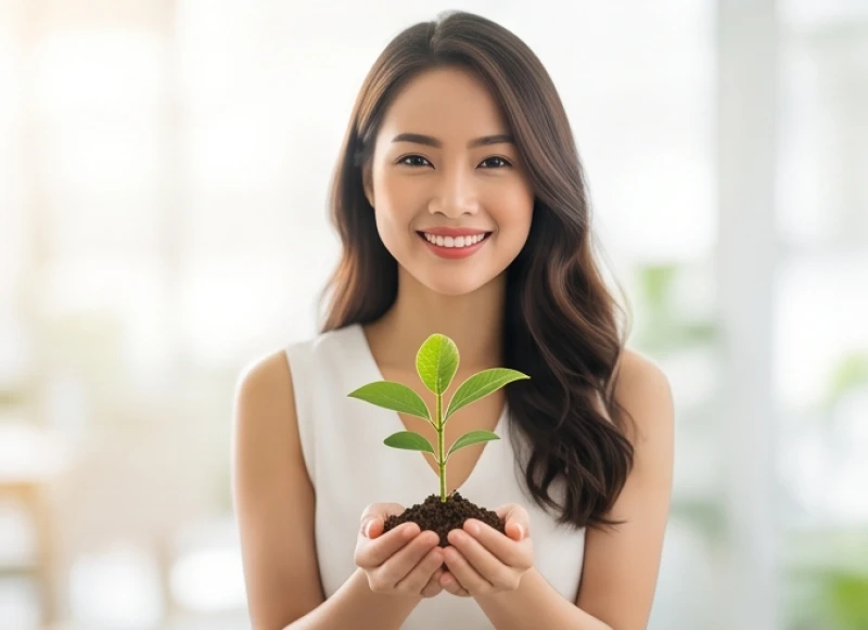 Mơ thấy mình có bầu sắp đẻ: Giải mã ngữ cảnh & con số tài lộc 5 Cô gái trẻ mỉm cười tự hào khi nâng niu một mầm cây xanh tươi tốt vươn lên từ lớp đất