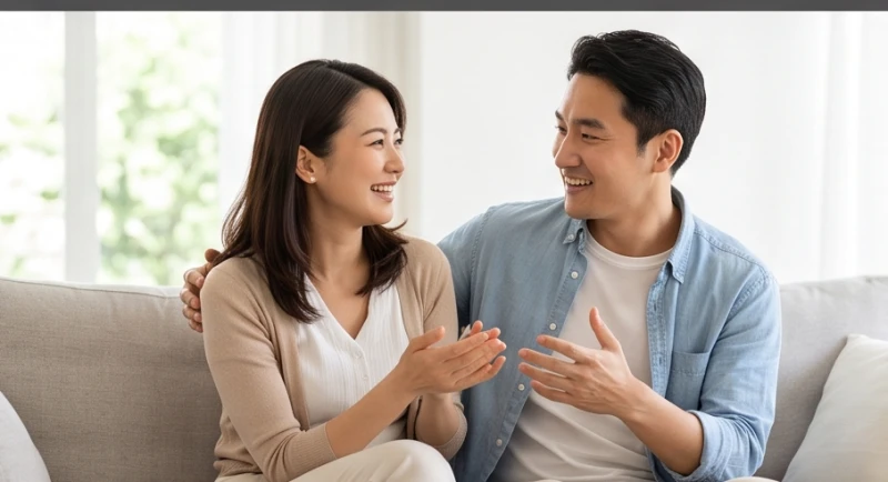 Vợ chồng vui vẻ trò chuyện thể hiện sự thấu hiểu và khéo léo duy trì hạnh phúc hôn nhân