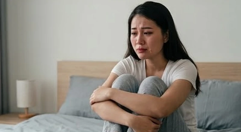 Người phụ nữ rơm rớm nước mắt cần được dỗ dành sau khi trải qua ác mộng