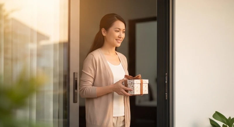Người phụ nữ có gương mặt hiền hòa mang theo đồ đạc bước qua bậc thềm đầy ánh sáng