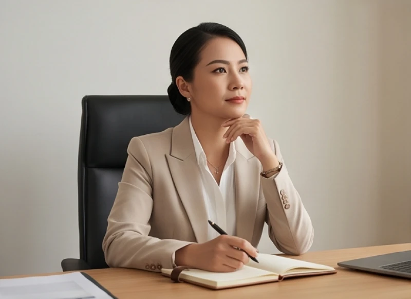 Đường tình duyên tuổi Ngọ: Mức độ hợp khắc và cách hóa giải 5 Người phụ nữ mặc trang phục công sở thanh lịch đang suy tư trầm ngâm bên bàn làm việc cá nhân