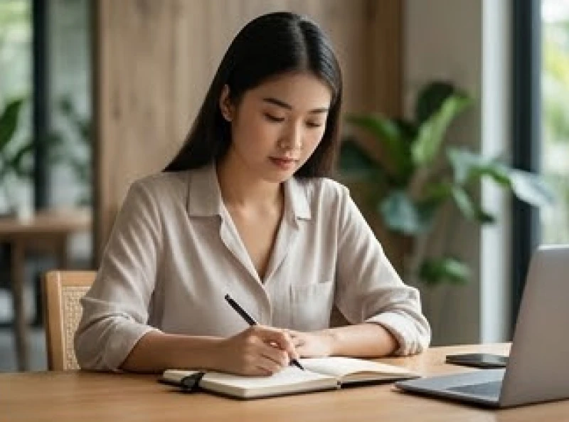 Nữ giới trẻ tuổi đang tập trung làm việc bên máy tính với cuốn sổ tay ghi chép